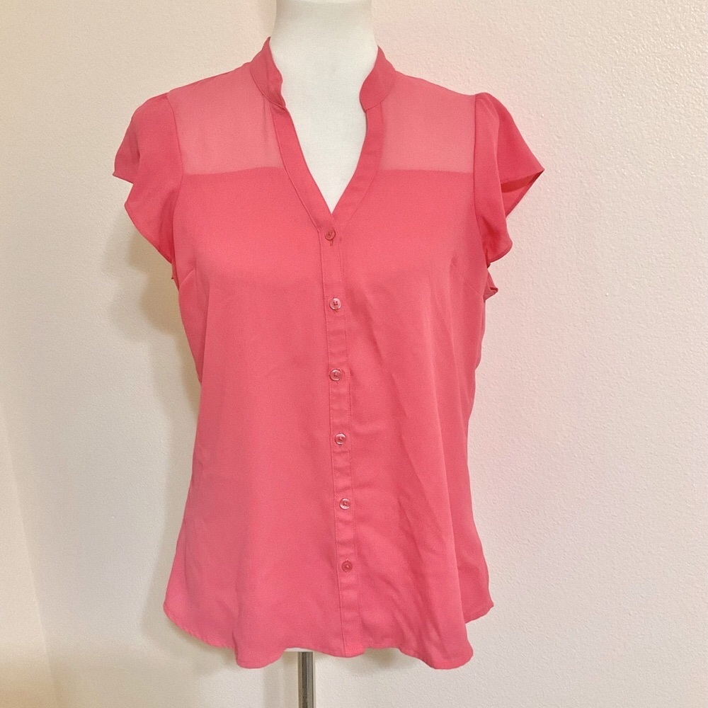 Express Sheer Shoulders Flutter Sleeve Top Coral M